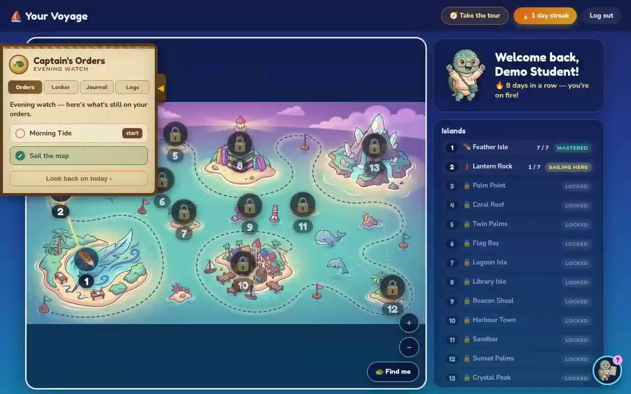 A child's Voyage map with illustrated islands, the Captain's Orders panel, and Smooth the turtle welcoming them back.